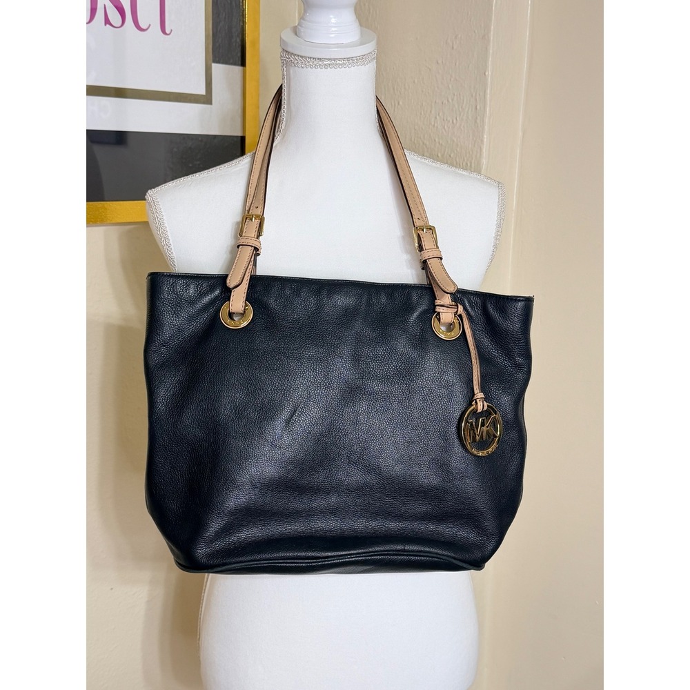 Michael Kors Bedford Black Pebbled Leather Tote Bag Tan Straps Gold Hardware - Picture 1 of 5